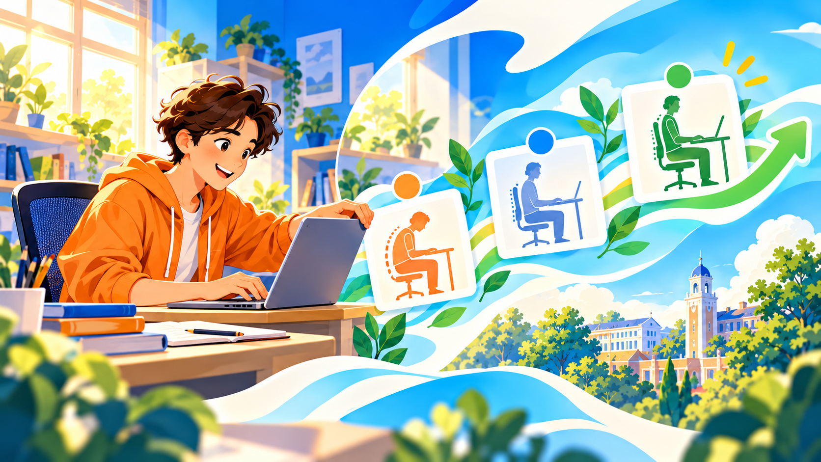 一位学生在工位复测，旁边用三张卡片表示时间变化
